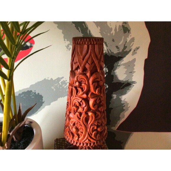 Vintage Vase Ornate Floral Hand Carvings Wooden 10" x 4"  Made In Thailand - Picture 4 of 14